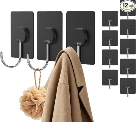 JINSHUNFA Adhesive Wall Hooks Heavy Duty No Drill Large Transparent Waterproof Hooks for Bathroom Kitchen Towel Coat 12 Pack Black